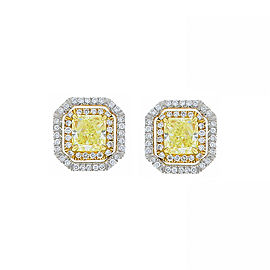 GIA 2.00 Carat Total Radiant Cut Fancy Light Yellow Diamond Two-Tone Earring