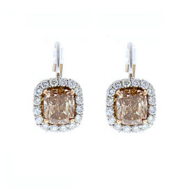 3.07 Carat Total Cushion Cut Brown Diamond Two-Tone Earrings in 18 Karat Gold