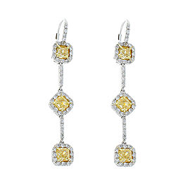 3.00 Carat Total Cushion Cut Fancy Yellow Diamond Dangle Earrings in Platinum