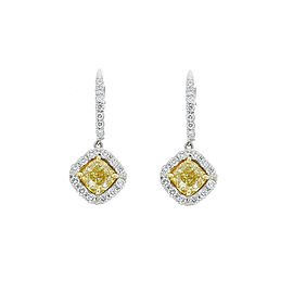 1.70 Carat total Cushion Cut Fancy Yellow Diamond Two Tone Earrings In 18K Gold