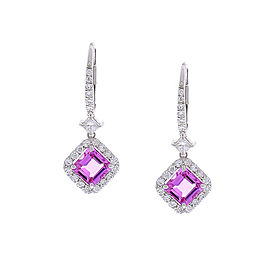 2.84 Carat Total Asscher Cut Pink Sapphire And Diamond Earrings In 14k Gold