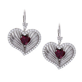 2.16 Carat Total Heart Shaped Rubelite and Diamond Earrings in 18 Karat Gold