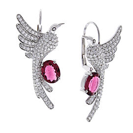 2.90 Carat Total Oval Rubelite and Diamond Hummingbird Earrings in 18 Karat Gold