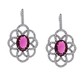 7.02 Carat Total Oval Rubelite & Diamond Earrings In 18K White Gold