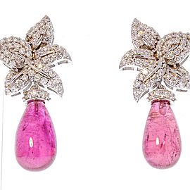 21.25 Carat Total Briolette Rubelite and Diamond Earrings in 18 Karat White Gold