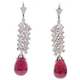 28.80 Carat Total Briolette Rubelite and Princess Cut Diamond Earring in 18K