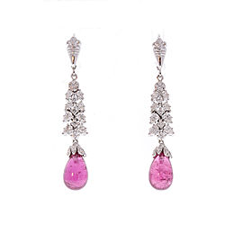 12.40 Carat Total Briolette Rubelite and Diamond Earrings in 18 Karat White Gold