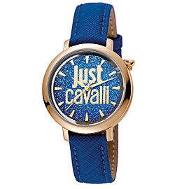 Just Cavalli Women's Logo Logomania Blue Dial Calfskin Leather Watch