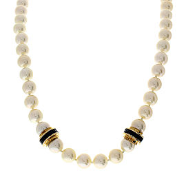 Heritage Gem Studio White Pearls and Princess Cut Sapphire Necklace in 18 Karat Yellow Gold