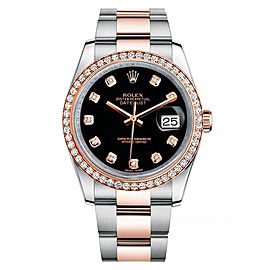 Rolex New Style Datejust Rose Two Tone Custom Diamond Bezel & Black Diamond Dial on Oyster Bracelet