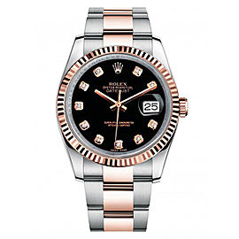 Rolex New Style Datejust Rose Two Tone Fluted Bezel & Black Diamond Dial on Oyster Bracelet