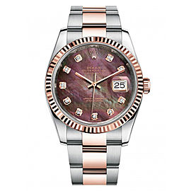 Rolex New Style Datejust Rose Two Tone Fluted Bezel & Black Mother of Pearl Diamond Dial on Oyster Bracelet