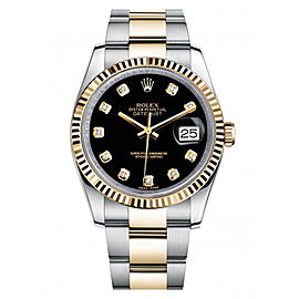 Rolex New Style Datejust Two Tone Fluted Bezel & Custom Black Diamond Dial on Oyster Bracelet