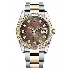 Rolex New Style Datejust Two Tone Custom Diamond Bezel & Black Mother of Pearl Diamond Dial on Oyster Bracelet