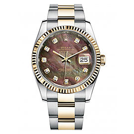 Rolex New Style Datejust Two Tone Fluted Bezel & Custom Black Mother of Pearl Diamond Dial on Oyster Bracelet