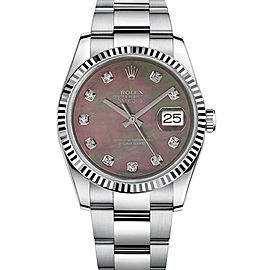 Rolex New Style Datejust Stainless Steel Fluted Bezel & Custom Black Mother of Pearl Diamond Dial on Oyster Bracelet