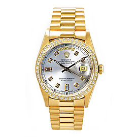 Rolex Men's President Yellow Gold Custom Diamond Bezel & Silver Diamond Dial