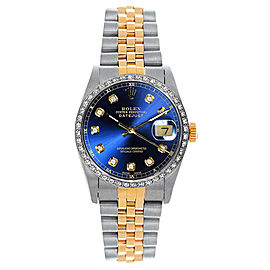 Rolex Women's Datejust Midsize Two Tone Custom Diamond Bezel Blue Diamond Dial