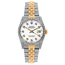 Rolex Women's Datejust Midsize Two Tone Custom Diamond Bezel White Diamond Dial