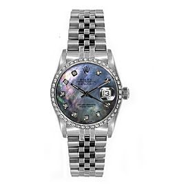 Rolex Women's Datejust Midsize Stainless Steel Custom Diamond Bezel Black Mother of Pearl Diamond Dial