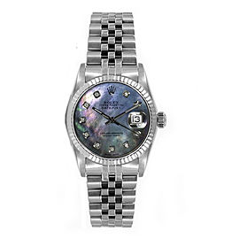 Rolex Women's Datejust Midsize Stainless Steel Fluted Custom Black Mother of Pearl Diamond Dial