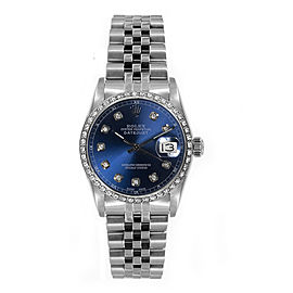 Rolex Women's Datejust Midsize Stainless Steel Custom Diamond Bezel Blue Diamond Dial