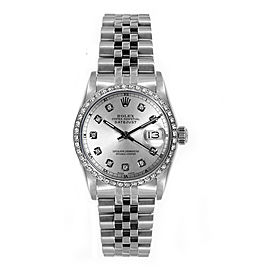 Rolex Women's Datejust Midsize Stainless Steel Custom Diamond Bezel Silver Diamond Dial