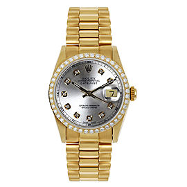 Rolex Women's President Midsize Custom Diamond Bezel Silver Diamond Dial