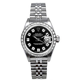 Rolex Women's Datejust Stainless Steel Custom Diamond Bezel & Black Diamond Dial