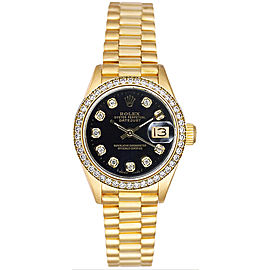 Rolex Women's President Yellow Gold Custom Diamond Bezel & Black Diamond Dial