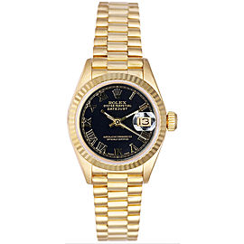 Rolex Women's President Yellow Gold Fluted Black Roman Dial