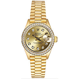 Rolex Women's President Yellow Gold Custom Diamond Bezel & Champagne Diamond Dial