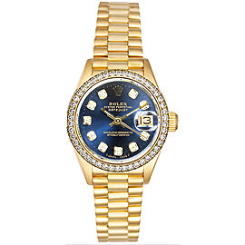 Rolex Women's President Yellow Gold Custom Diamond Bezel & Blue Diamond Dial