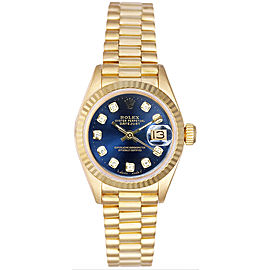 Rolex Women's President Yellow Gold Fluted Custom Blue Diamond Dial