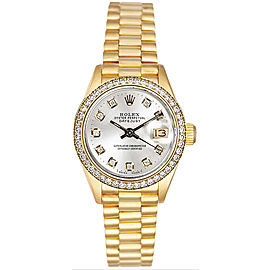 Rolex Women's President Yellow Gold Custom Diamond Bezel & Silver Diamond Dial