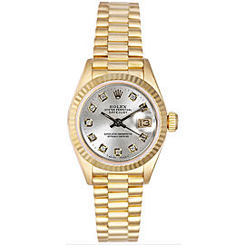 Rolex Women's President Yellow Gold Fluted Custom Silver Diamond Dial