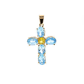 5.80 Carat Total Swiss Blue Topaz and Citrine Cross Pendant in 14 Karat Gold