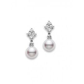 Mikimoto 18K White Gold with Diamond & Akoya Cultured Pearl Drop Earrings