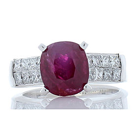 AIGS Certified 4.02 Carat Ruby and Princess Cut Diamond White Gold Cocktail Ring