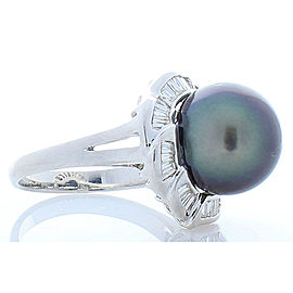 Tahitian Black Pearl and Baguette Diamond 18 Karat White Gold Cocktail Ring