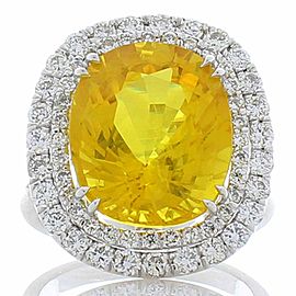 Heritage Gem Studio 12.70 Carat Cushion Cut Yellow Sapphire and Diamond Cocktail Ring in White Gold