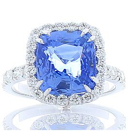 GII Certified Unheated 6.51 Carat Cushion Blue Sapphire & Diamond Cocktail Ring