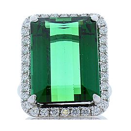 16.30 Carat Emerald Cut Green Tourmaline and Diamond Ring in 18 Karat White Gold