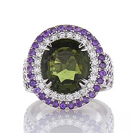 Heritage Gem Studio 5.22 Carat Oval Tourmaline with Amethyst and Diamond Cocktail Ring in White Gold