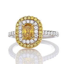 GIA Certified 0.70 Carat Cushion Cut Fancy Vivid Yellow Diamond Cocktail Ring