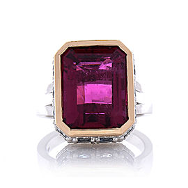 12.22 Carat Emerald Cut Rubelite and Diamond Cocktail Two Tone Ring in 18 Karat