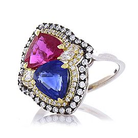 5.72 Carat Total Ruby & Blue Sapphire Cocktail Diamond Two Tone Ring In 18K Gold