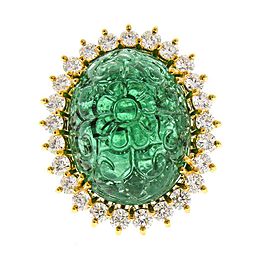 Heritage Gem Studio 24.55 Carat Hand Craved Cabochon Emerald and Diamond Cocktail Ring in 18 K Gold