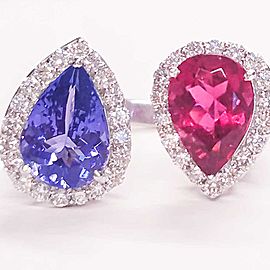 5.75 Carat Total Pear Shape Tanzanite, Rubelite and Diamond Cocktail Ring in 18k