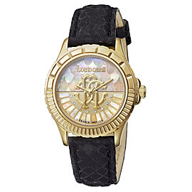 Roberto Cavalli Gold MOP Black Calfskin Leather RV2L014L0036 Watch